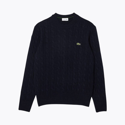 Lacoste Cable Knit Carded Wool Crew Neck Sweater
