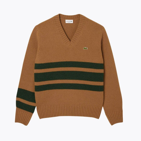 Lacoste Striped Wool V Neck Sweater